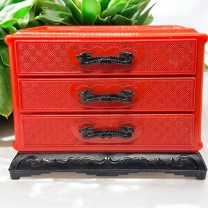 Vintage Red & Black Celluloid Three Drawer Asian Inspired Theme Jewelry Chest